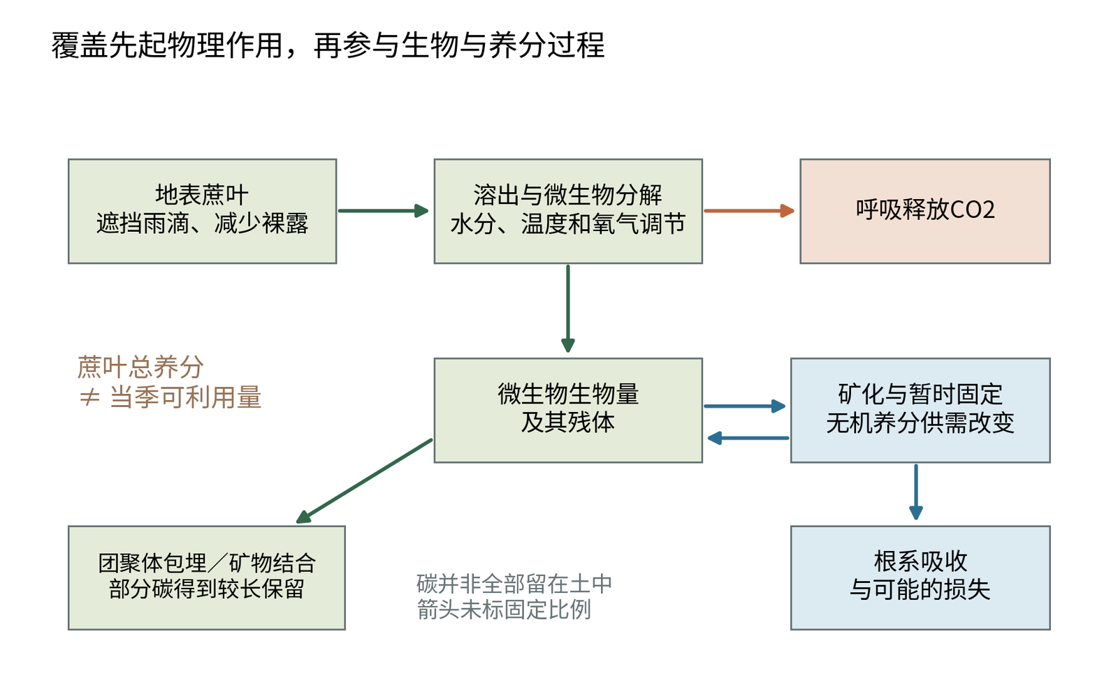 图23-E 从蔗叶到微生物、矿物结合有机质及作物吸收的过程图。原创机制示意；箭头表示过程方向，不代表通量大小、固定比例或完全闭合的养分预算。